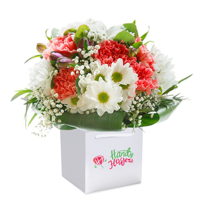 Impeccably arranged and standing tall in a pristine square white gift bag, this Harold Park floral bouquet radiates warmth and elegance. The generous cluster of coral, peach, and vivid red carnations takes center stage; their densely ruffled petals form a rich tapestry of colour and texture reminiscent of Harold Park's local gardens. Bright white daisies with golden-green hearts are interspersed throughout, introducing a delightful contrast and infusing the arrangement with a breezy sense of cheerfulness. Gentle sprays of white baby's breath waft among the more robust blooms, their tiny blossoms creating an ethereal lightness, while tucked-in purple-tinted buds add unexpected depth and beauty. The entire composition is embraced by abundant, broad glossy leaves, offering both visual structure and a nod to the vibrancy found along Harold Park's floral pathways. The arrangement is expertly nested within a white carry bag complete with sturdy ribbon handles-a detail that effortlessly combines style with practicality for deliveries around the neighbourhood. Shot against a completely white background, every nuance of freshness and floral craftsmanship is showcased, presenting this bouquet as an ideal choice for those special Harold Park celebrations-be it a birthday, an anniversary, or a joyful gesture just because.