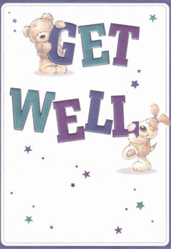 Brought to life with an expert touch that feels right at home in Harold Park, this get well card paints a scene of comfort and encouragement. At its heart are two endearing figures-a gentle bear perched atop the word 'GET,' and a lively pup nestled around the word 'WELL.' Their rounded forms and joyful energy conjure the kind of affection you might share with a longtime friend in Harold Park's peaceful lanes or local parks. The bold typography, inked in harmonious shades of deep purple and cool teal, is playful but reassuring, like a favourite blanket or a bright, fragrant arrangement fresh from a local florist. Soft stars twinkle in scattered groups, their hues shifting from bright white to dusky blue, setting a hopeful, magical tone that feels reminiscent of twilight strolls along Harold Park's leafy avenues. The creamy white backdrop allows every element-every curve and color-to stand out crisply, evoking a cleansed, uplifting mood so vital when wishing someone well. As a florist, I often strive for that same effect-offering a sense of brightness and clarity through thoughtful artistry, whether with flowers or brushstrokes. This card's warmth and gentle optimism make it perfect for bringing a sense of healing and smiling reassurance to a friend or family member near or far.