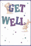 Brimming with the kind of optimism cherished around Harold Park, this get well card brings two adorable companions-a teddy bear and a floppy-eared puppy-into playful focus. Both characters leap from the card's clean cream background, cheerfully balancing and clinging to colourful, oversized letters that spell out 'Get Well' in rich waves of indigo and teal. Star accents in blues and violets sparkle across their joyful tableau, echoing the glints of hope found in a beautifully arranged 'get well soon' bouquet crafted by a Harold Park florist. The illustration's texture is charmingly soft, from the bear's gentle fur to the puppy's inviting ears, offering a sense of comfort as real as a friendly hug. There's a reassuring lightness and warmth saturating the scene, turning a simple message into an emotional remedy perfect for friends or family nearby. It is easy to imagine this card arriving alongside bright flowers at a doorstep in Harold Park-together expressing kindness, encouragement, and the simple delight of being cared for by those who know and love the area.